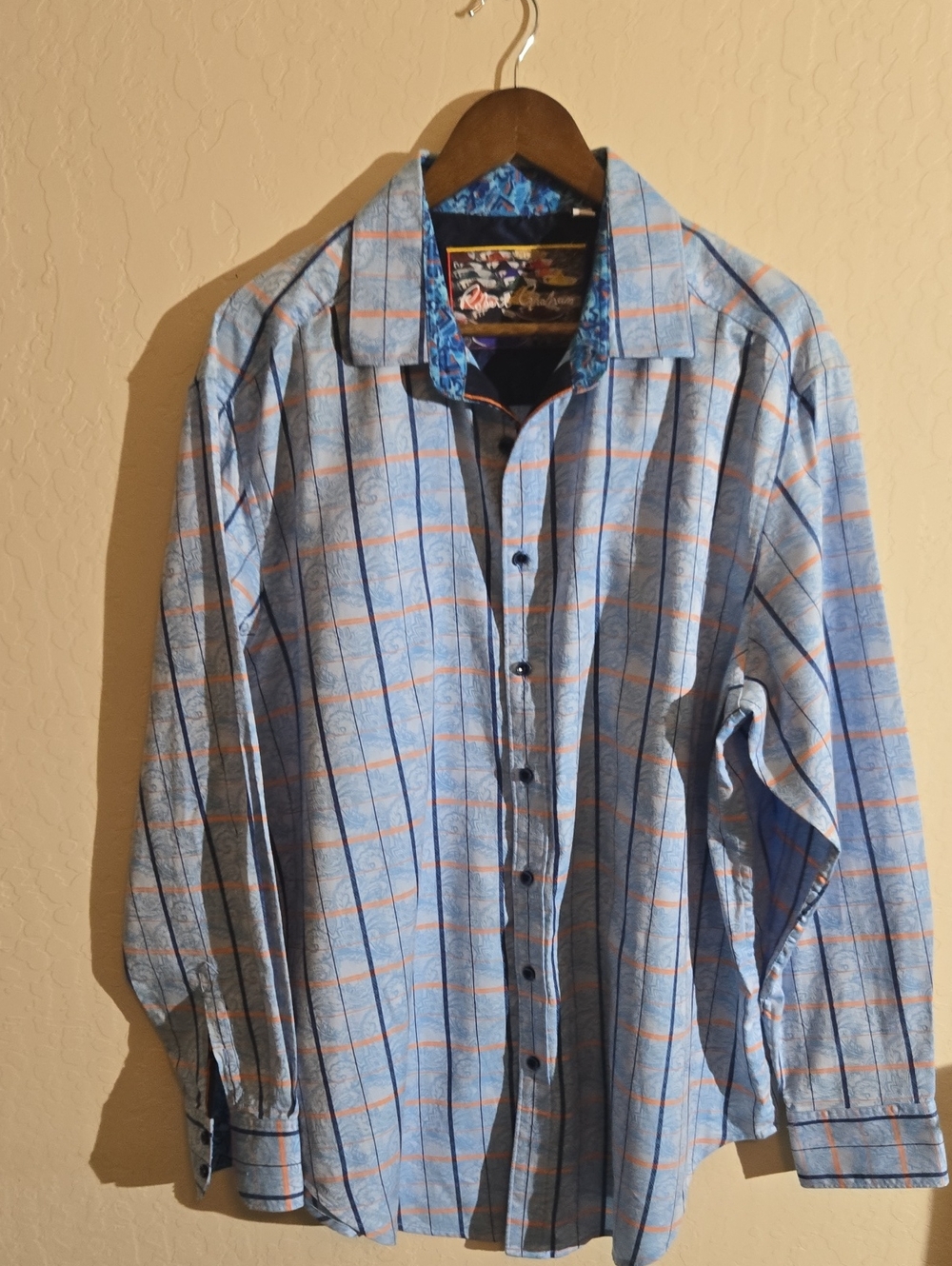 Robert Graham Light Blue Plaid Button-Down Shirt with Orange Accents